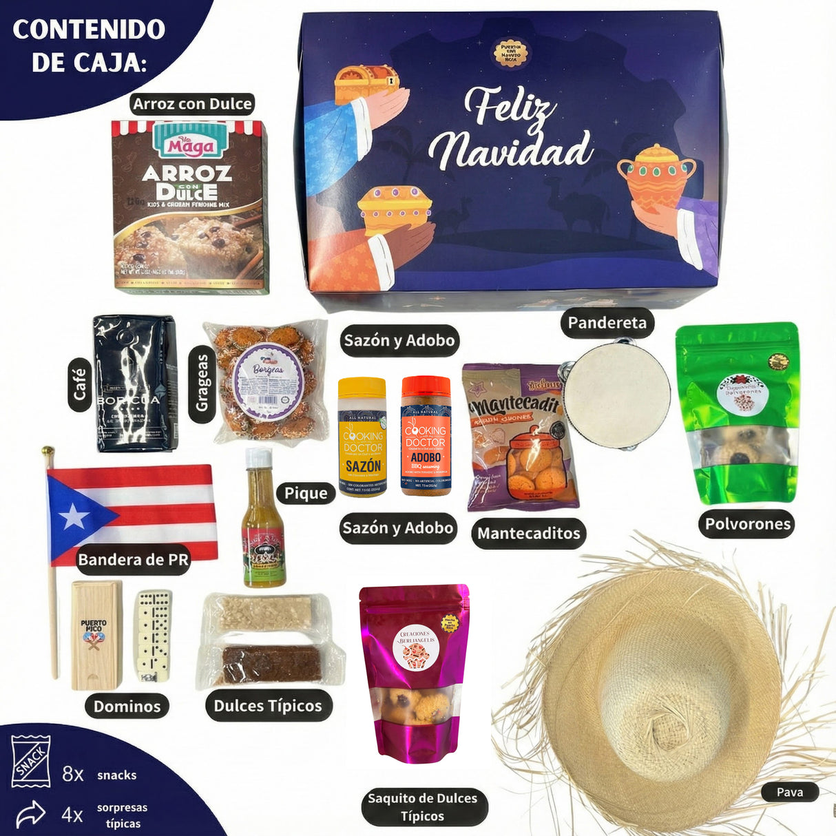 Canasta: El Regalo de Mi Isla (Pava + Pandero + Bandera + Dominos)